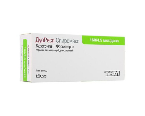 Дуоресп Спиромакс 160 мкг/ 4,5 мкг 120 доз 1 шт. (Будесонид + Формотерол) порошок для ингаляций дозированный