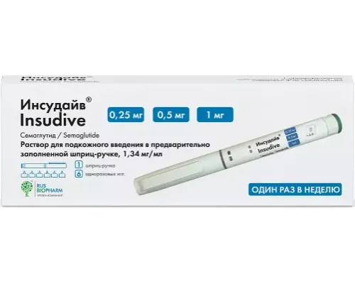 Инсудайв 0,25/0,5/1 мг/доза 3 мл 1 шт. (Семаглутид) раствор для подкожного введения шприц-ручка в комплекте с иглами 6 шт