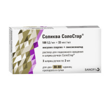 Соликва Солостар 100 Ед + 33 мкг/мл 3 мл 3 шт. (Инсулин гларгин + Ликсисенатид) раствор для подкожного введения картридж в шприц-ручке