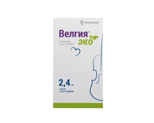 Велгия эко 2,4 мг (Семаглутид) раствор для подкожного введения 0,75 мл шприц в автоинжекторе 4 шт.